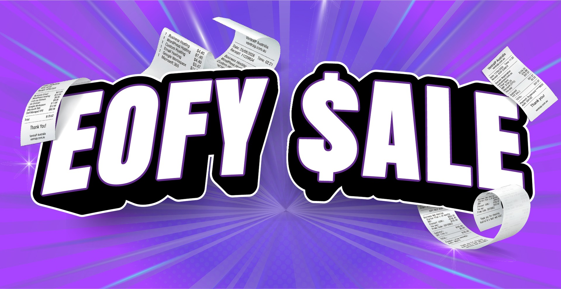 Blog post image for the VentraIP End of Finacial Year (EOFY) Sale. The image contains text saying "EOFY Sale" with receipts depicting tax savings gained by making purchases before the end of the financial year, on a purple background.