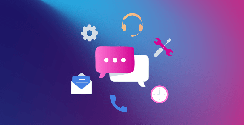 Illustration showing customer support icons, including chat bubbles, email, phone, headset, tools, clock and settings gear on a blue-to-purple gradient background.