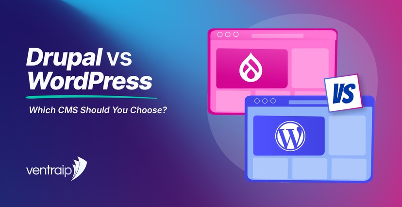 Drupal vs WordPress comparison graphic featuring both CMS logos and the text “Which CMS Should You Choose?”