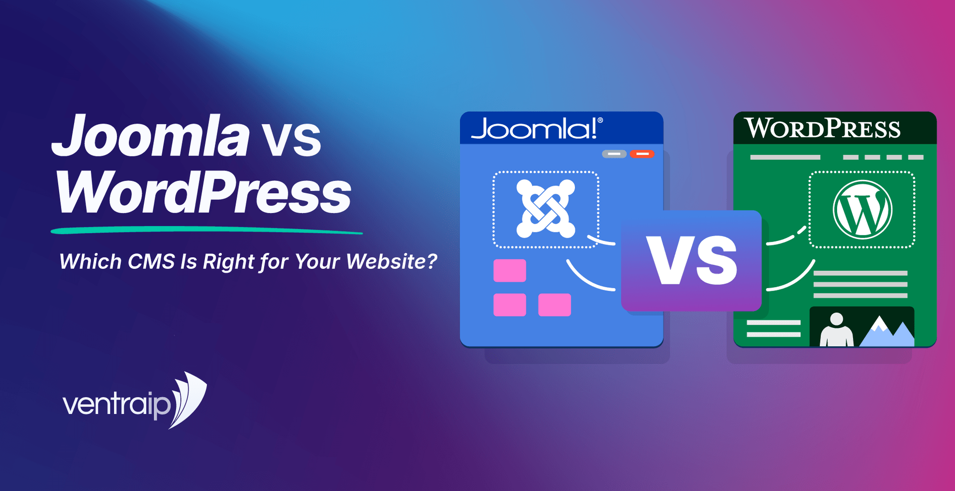 Graphic for a Joomla vs WordPress blog post showing the title “Joomla vs WordPress: Which CMS Is Right for Your Website?”, the VentraIP logo, and illustrated Joomla and WordPress website panels separated by a “VS” icon.