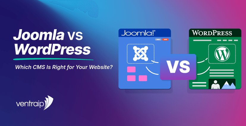 Graphic for a Joomla vs WordPress blog post showing the title “Joomla vs WordPress: Which CMS Is Right for Your Website?”, the VentraIP logo, and illustrated Joomla and WordPress website panels separated by a “VS” icon.